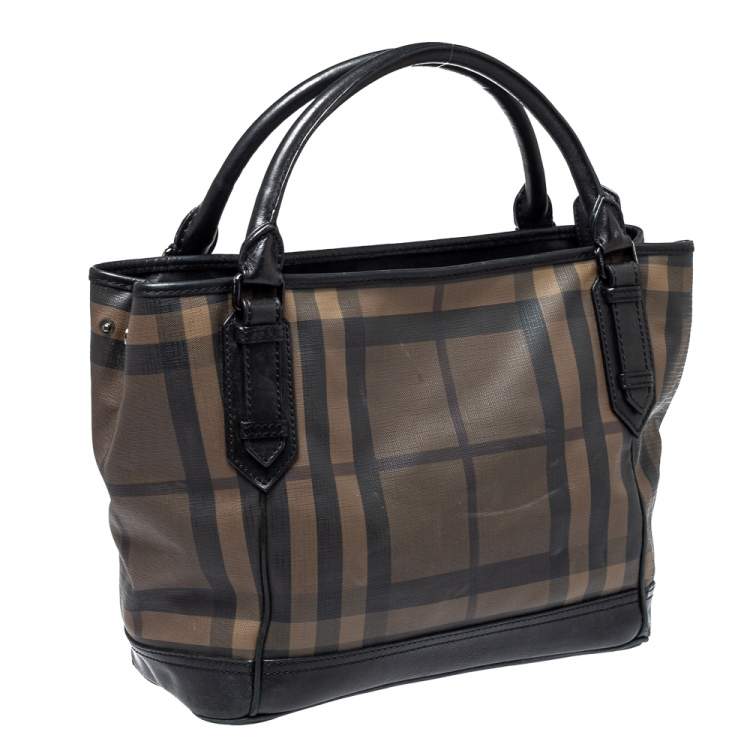 Pre Owned Burberry Brown/Black Smoke Check PVC and Leather Tote