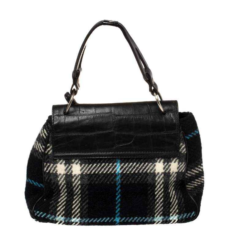 Pre Owned Burberry Black Classic Check Wool and Croc Embossed Leather Vintage Flap Tp Handle Bag
