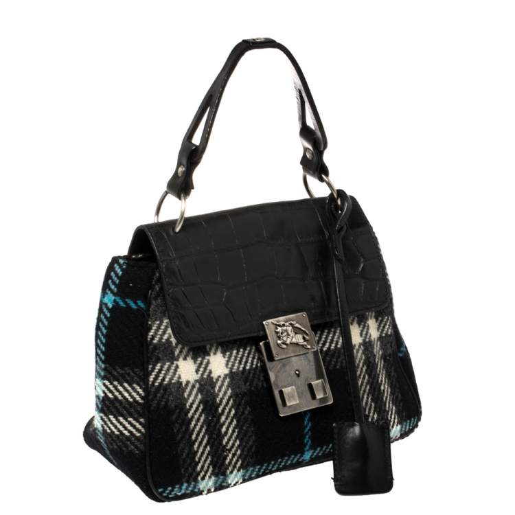 Pre Owned Burberry Black Classic Check Wool and Croc Embossed Leather Vintage Flap Tp Handle Bag
