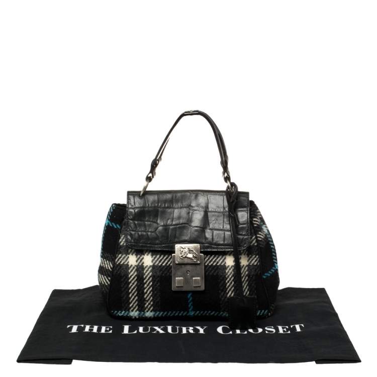Pre Owned Burberry Black Classic Check Wool and Croc Embossed Leather Vintage Flap Tp Handle Bag