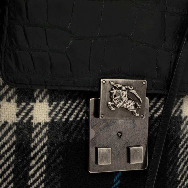 Pre Owned Burberry Black Classic Check Wool and Croc Embossed Leather Vintage Flap Tp Handle Bag