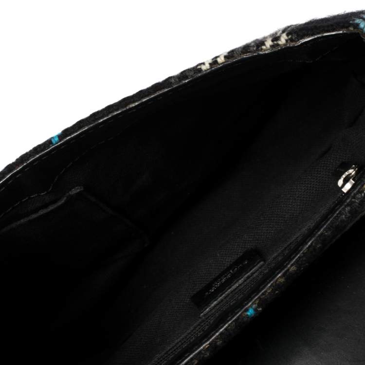 Pre Owned Burberry Black Classic Check Wool and Croc Embossed Leather Vintage Flap Tp Handle Bag
