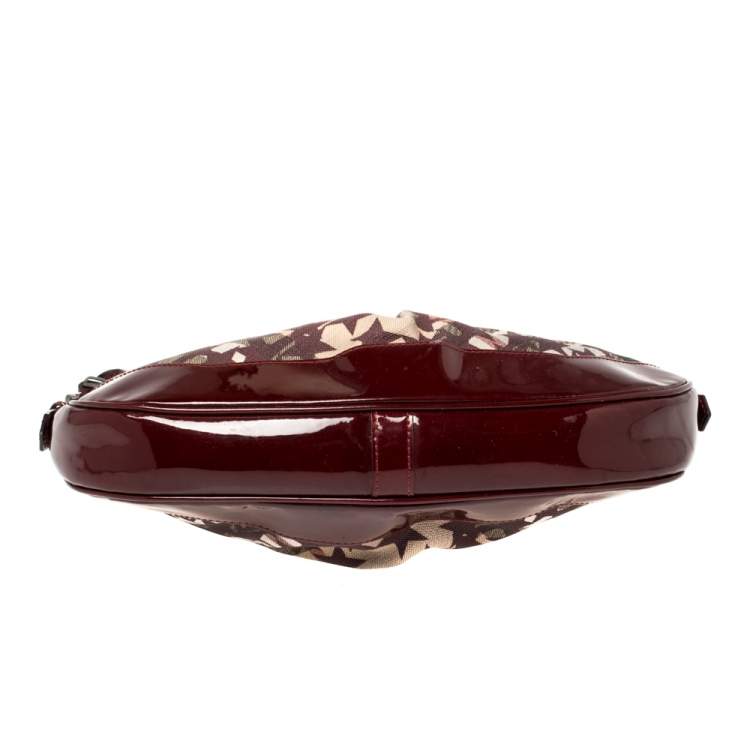 Pre Owned Burberry Burgundy/Beige Star Check PVC and Patent Leather Hernville Hobo