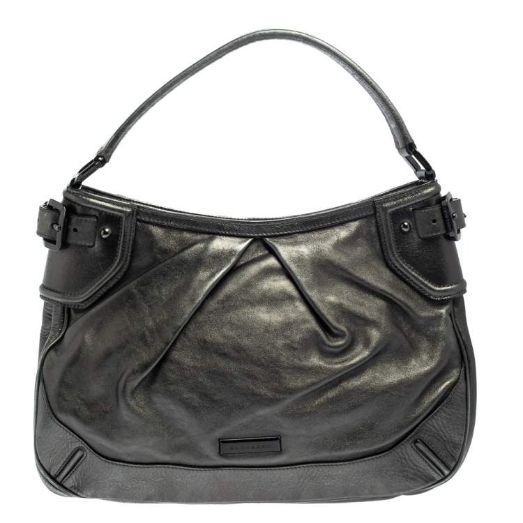 Pre Owned Burberry Metallic Anthracite Leather Fairby Hobo