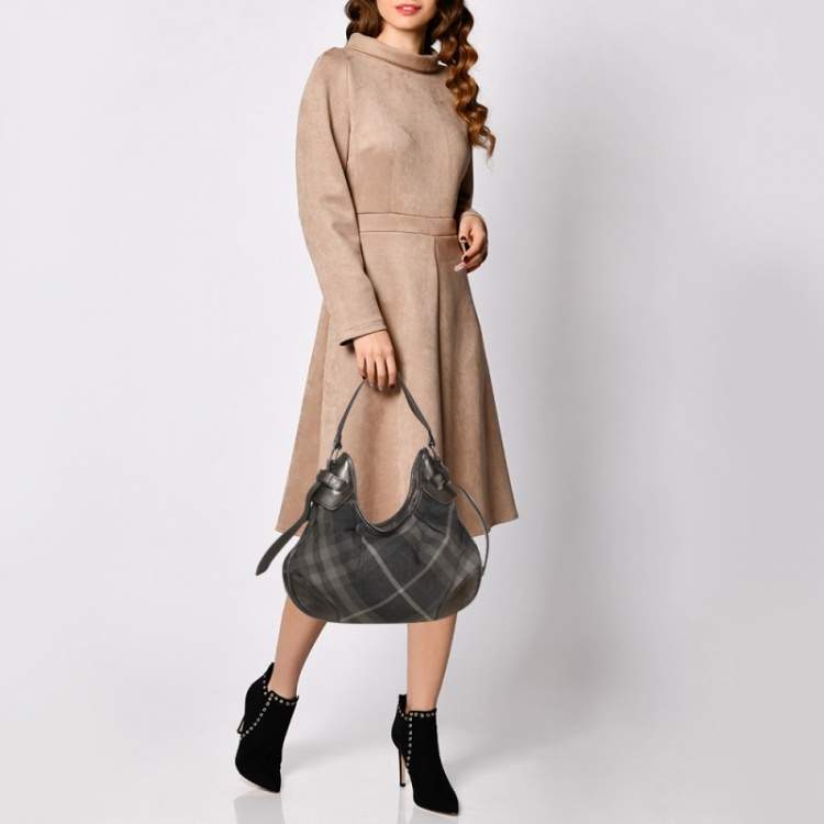 Pre Owned Burberry Grey Beat Check Shimmer Canvas and Leather Small Brooklyn Hobo