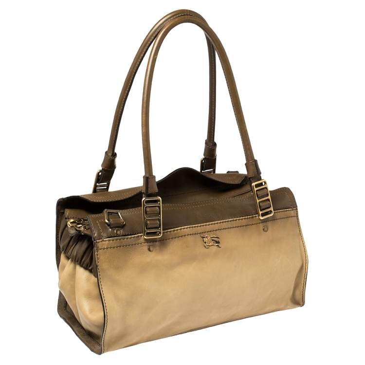 Pre Owned Burberry Two Tone Brown Leather Satchel