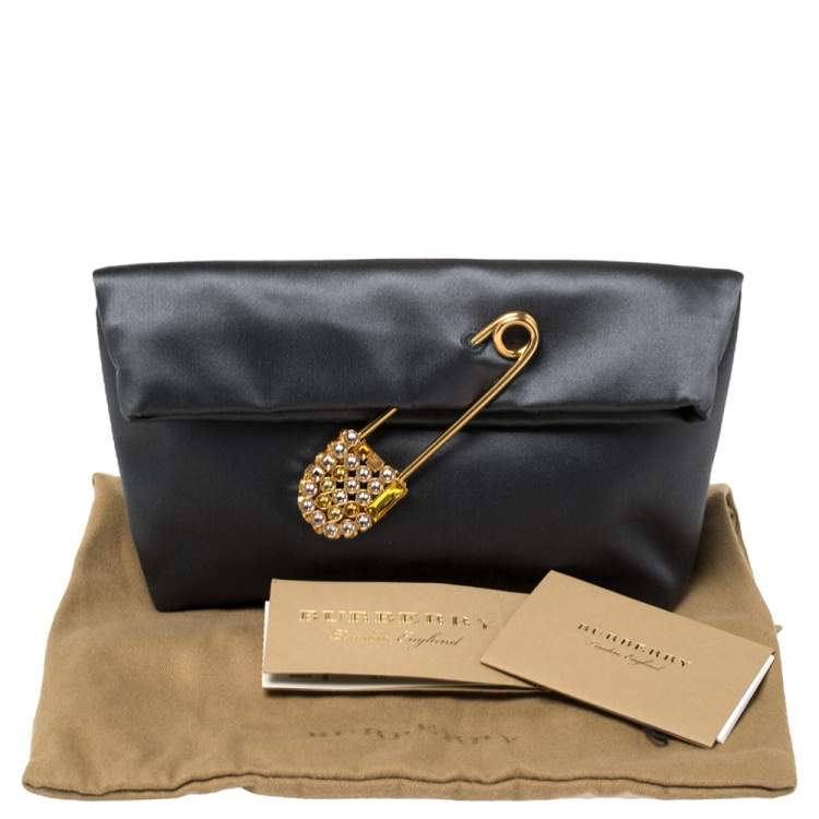 Pre Owned Burberry Grey Satin Crystal Embellished Pin Clutch