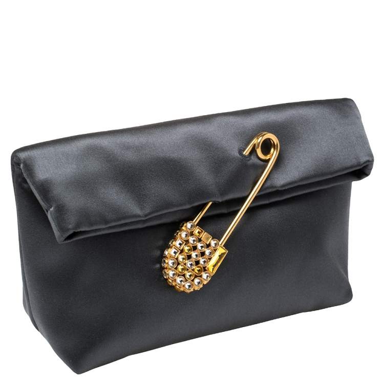 Pre Owned Burberry Grey Satin Crystal Embellished Pin Clutch