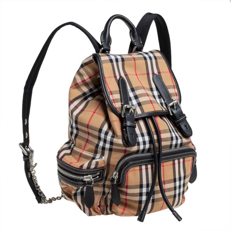 Pre Owned Burberry Beige/Black Vintage Check Canvas and Leather Rucksack Backpack