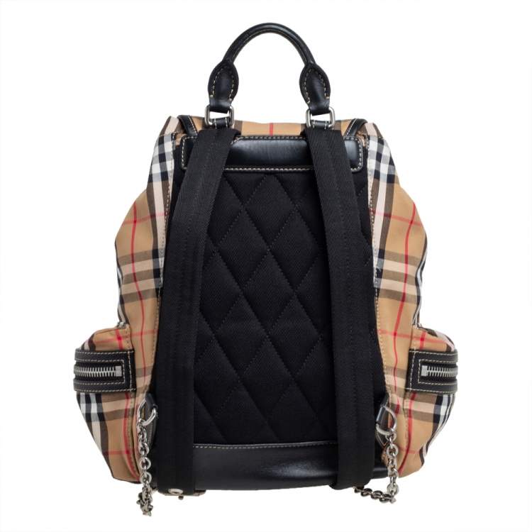 Pre Owned Burberry Beige/Black Vintage Check Canvas and Leather Rucksack Backpack