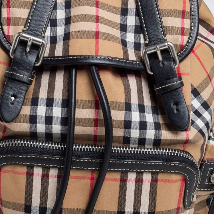 Pre Owned Burberry Beige/Black Vintage Check Canvas and Leather Rucksack Backpack