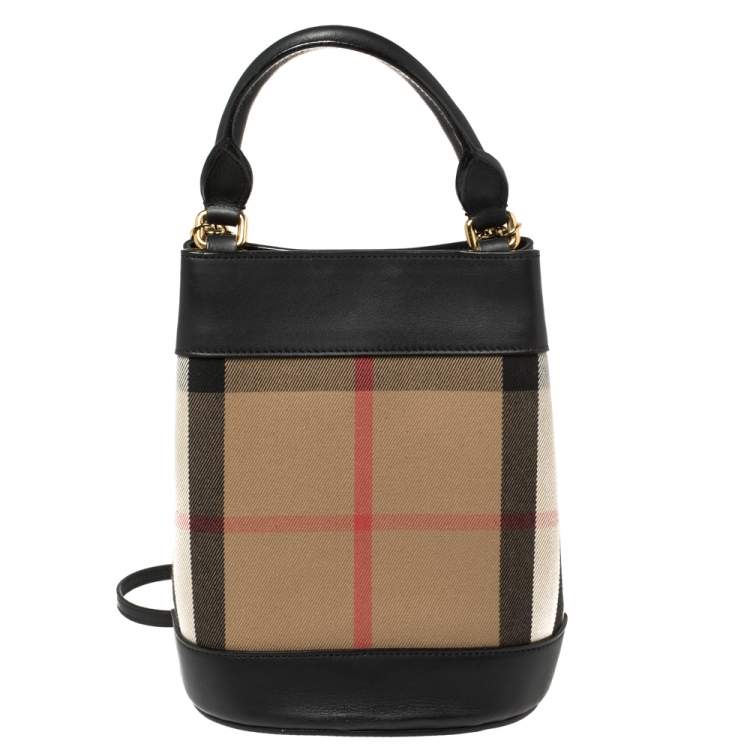 Pre Owned Burberry Black/Beige House Check Canvas and Leather Mini Bucket Chain Bag