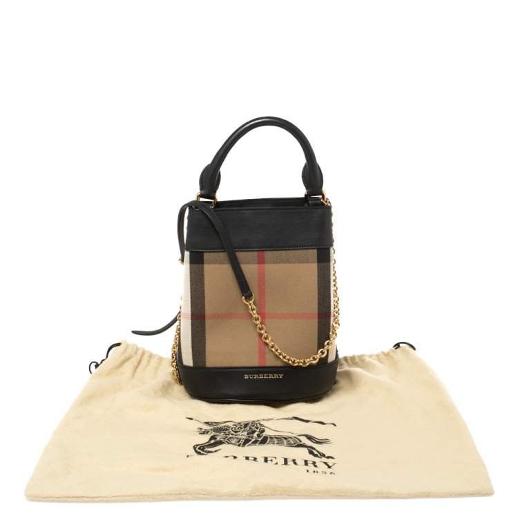 Pre Owned Burberry Black/Beige House Check Canvas and Leather Mini Bucket Chain Bag