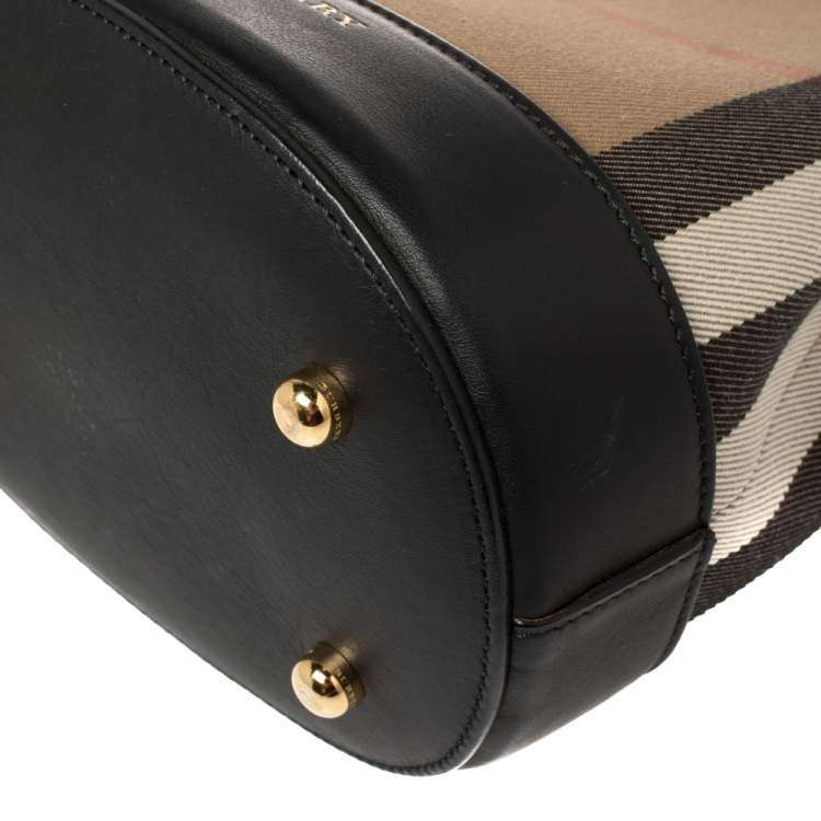 Pre Owned Burberry Black/Beige House Check Canvas and Leather Mini Bucket Chain Bag