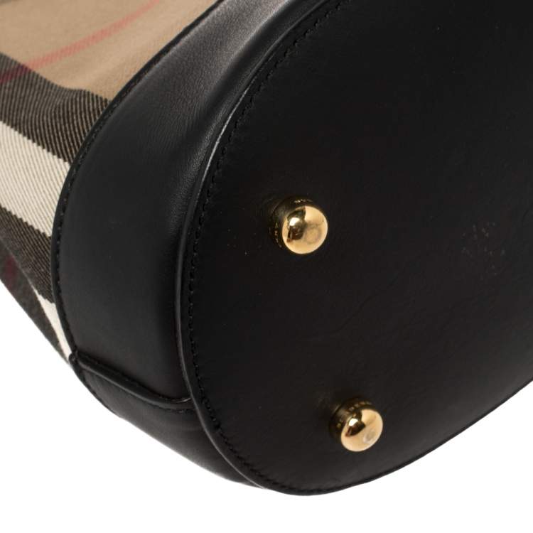 Pre Owned Burberry Black/Beige House Check Canvas and Leather Mini Bucket Chain Bag