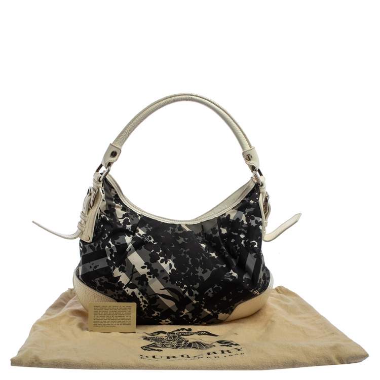 Pre Owned Burberry Black/White Floral Beat Check Nylon and Patent Leather Small Foley Hobo