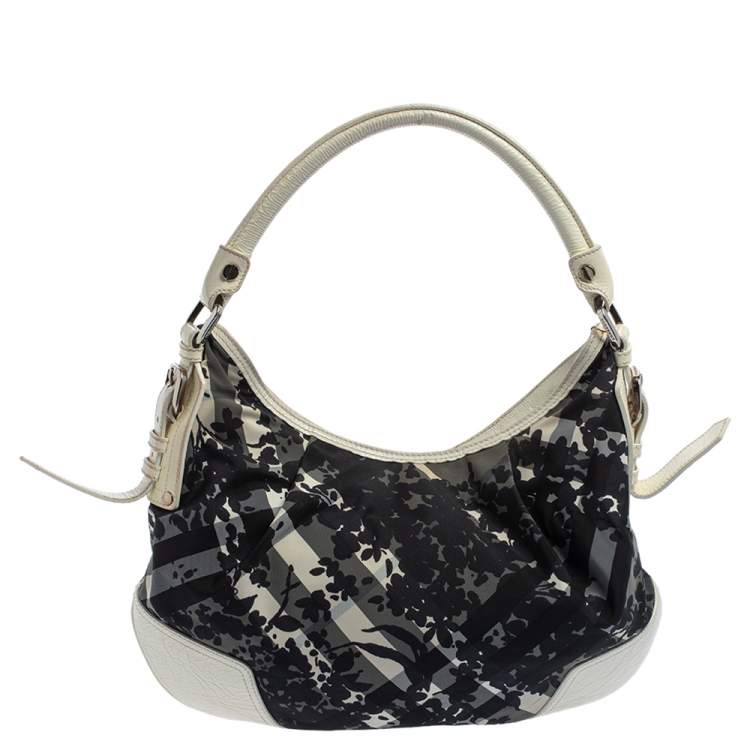 Pre Owned Burberry Black/White Floral Beat Check Nylon and Patent Leather Small Foley Hobo