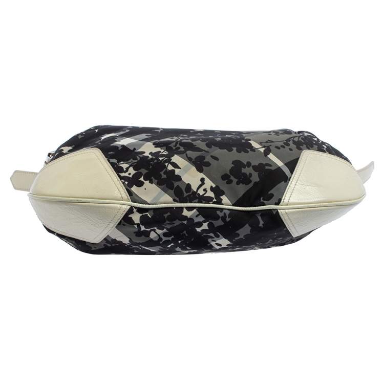 Pre Owned Burberry Black/White Floral Beat Check Nylon and Patent Leather Small Foley Hobo