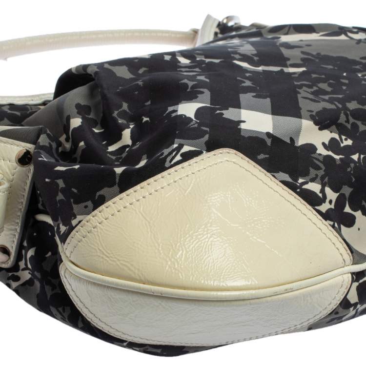 Pre Owned Burberry Black/White Floral Beat Check Nylon and Patent Leather Small Foley Hobo