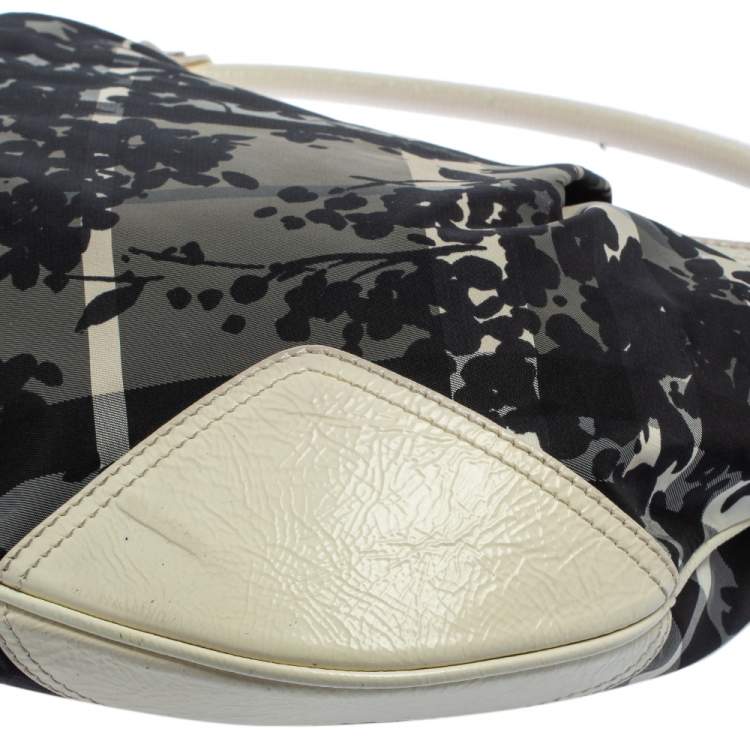 Pre Owned Burberry Black/White Floral Beat Check Nylon and Patent Leather Small Foley Hobo