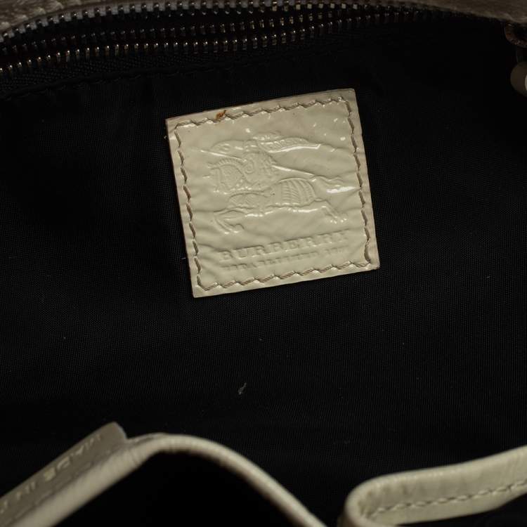 Pre Owned Burberry Black/White Floral Beat Check Nylon and Patent Leather Small Foley Hobo