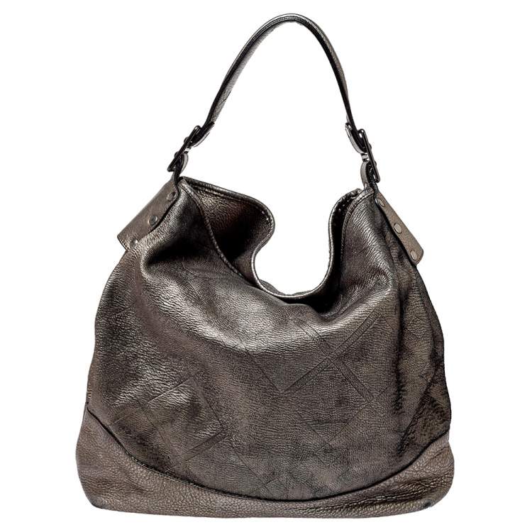 Pre Owned Burberry Metallic Silver Leather Large Hobo
