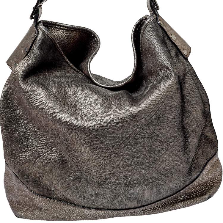 Pre Owned Burberry Metallic Silver Leather Large Hobo