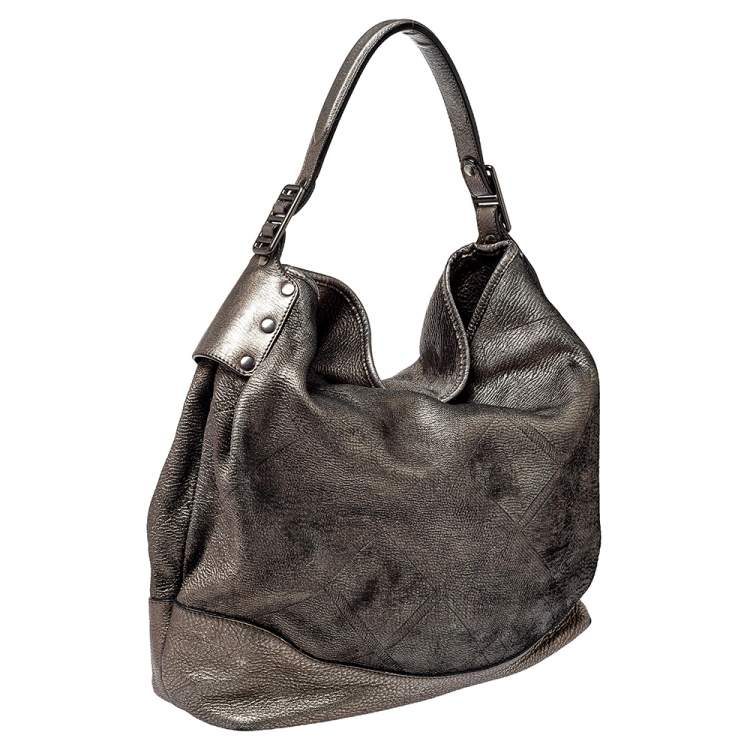 Pre Owned Burberry Metallic Silver Leather Large Hobo