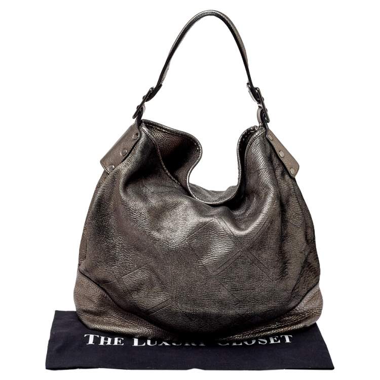 Pre Owned Burberry Metallic Silver Leather Large Hobo