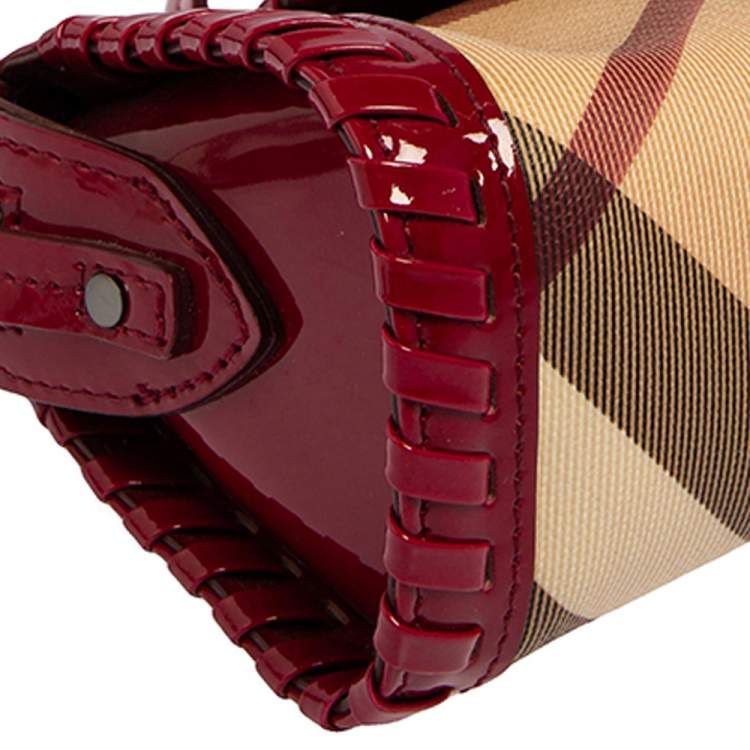 Pre Owned Burberry Dark Pink/Beige House Check PVC and Patent Leather Whipstitch Clutch Bag