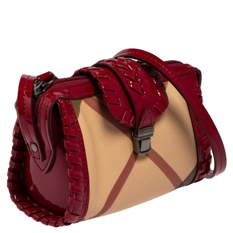 Pre Owned Burberry Dark Pink/Beige House Check PVC and Patent Leather Whipstitch Clutch Bag