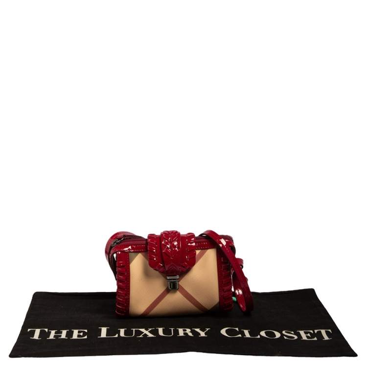 Pre Owned Burberry Dark Pink/Beige House Check PVC and Patent Leather Whipstitch Clutch Bag