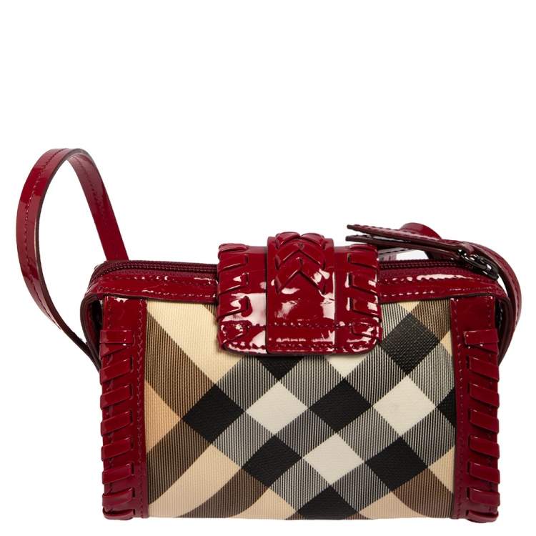 Pre Owned Burberry Dark Pink/Beige House Check PVC and Patent Leather Whipstitch Clutch Bag