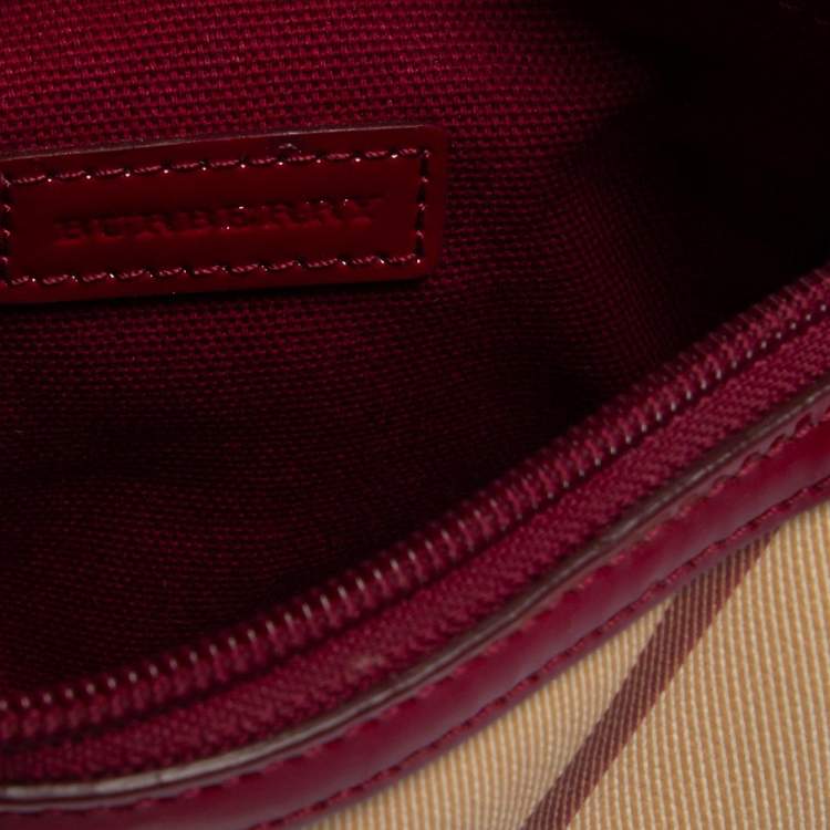 Pre Owned Burberry Dark Pink/Beige House Check PVC and Patent Leather Whipstitch Clutch Bag