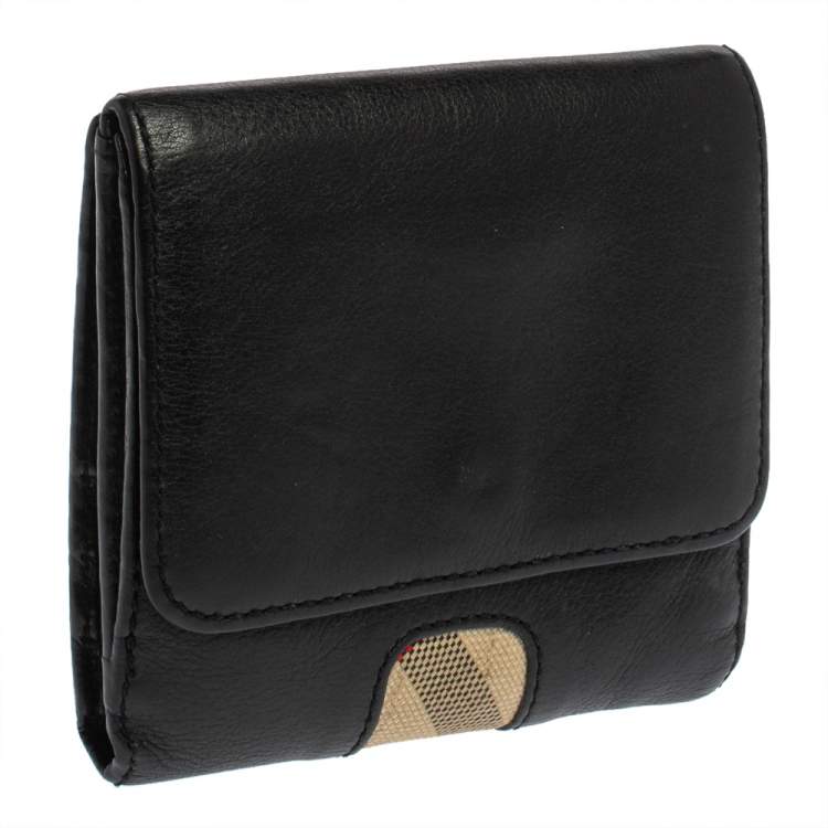 Pre Owned Burberry Black/Beige Leather and Canvas Trifold Wallet