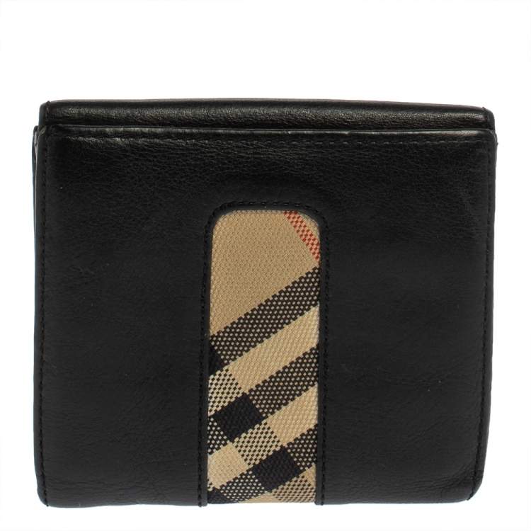 Pre Owned Burberry Black/Beige Leather and Canvas Trifold Wallet