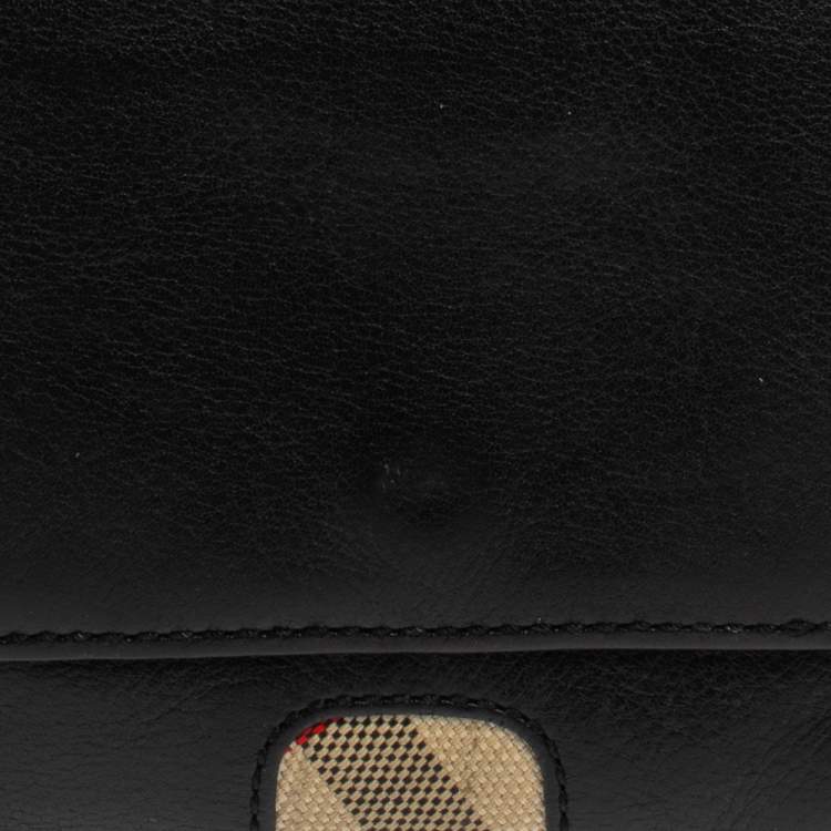 Pre Owned Burberry Black/Beige Leather and Canvas Trifold Wallet