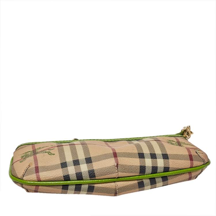 Pre Owned Burberry Apple Green/Beige Haymarket Check Coated Canvas Anabel Wristlet Clutch Bag