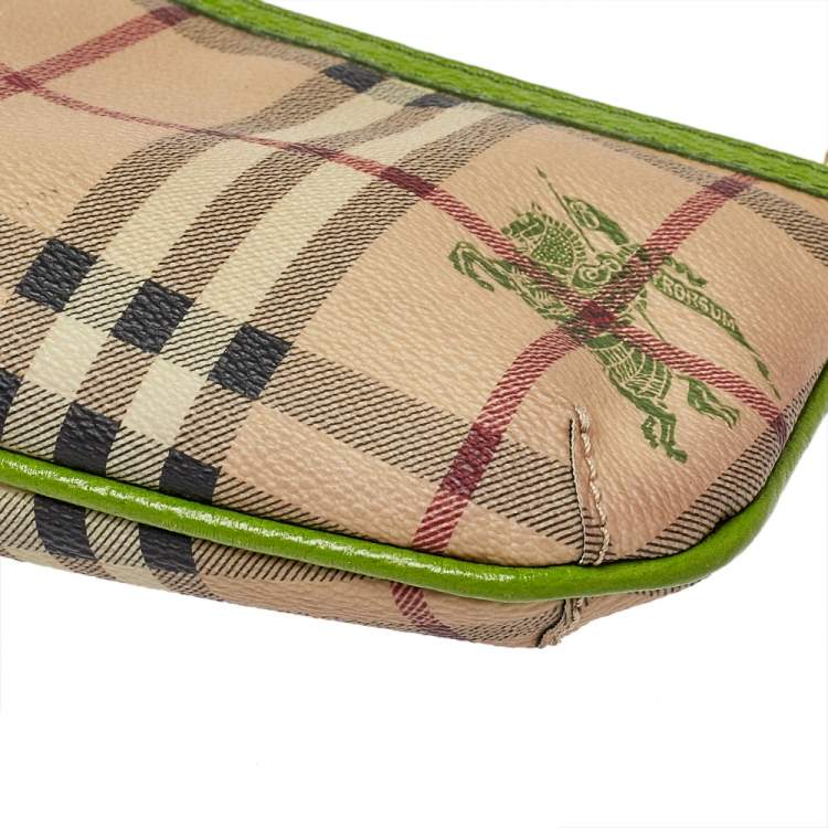 Pre Owned Burberry Apple Green/Beige Haymarket Check Coated Canvas Anabel Wristlet Clutch Bag