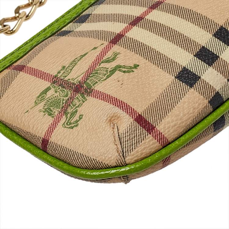 Pre Owned Burberry Apple Green/Beige Haymarket Check Coated Canvas Anabel Wristlet Clutch Bag