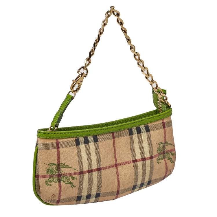 Pre Owned Burberry Apple Green/Beige Haymarket Check Coated Canvas Anabel Wristlet Clutch Bag