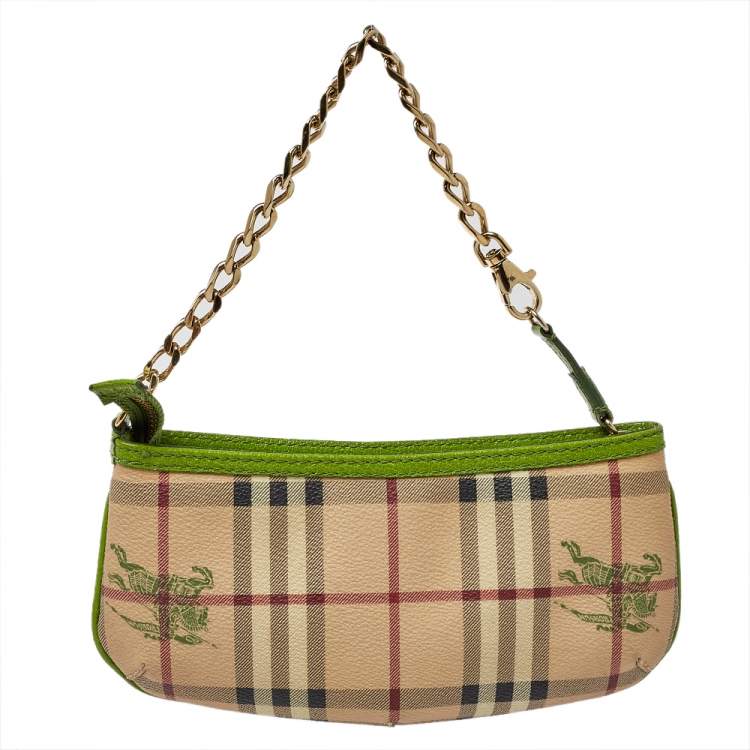 Pre Owned Burberry Apple Green/Beige Haymarket Check Coated Canvas Anabel Wristlet Clutch Bag