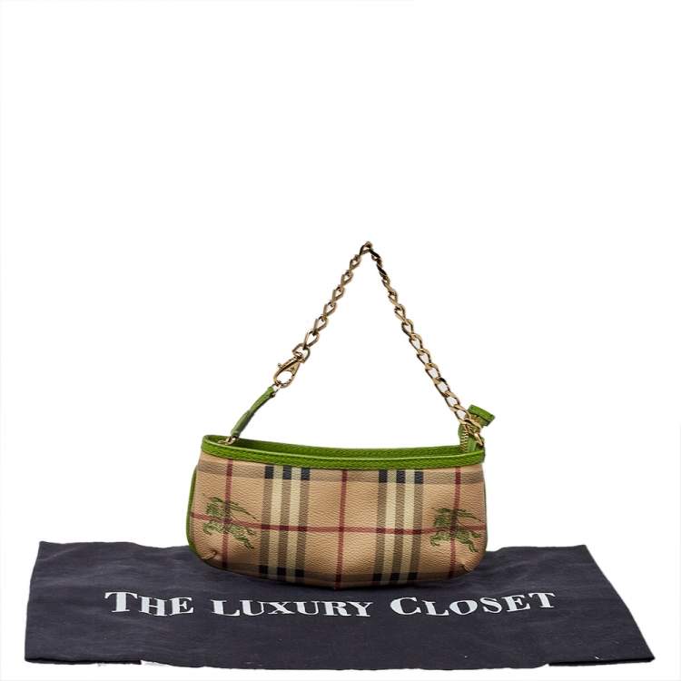 Pre Owned Burberry Apple Green/Beige Haymarket Check Coated Canvas Anabel Wristlet Clutch Bag