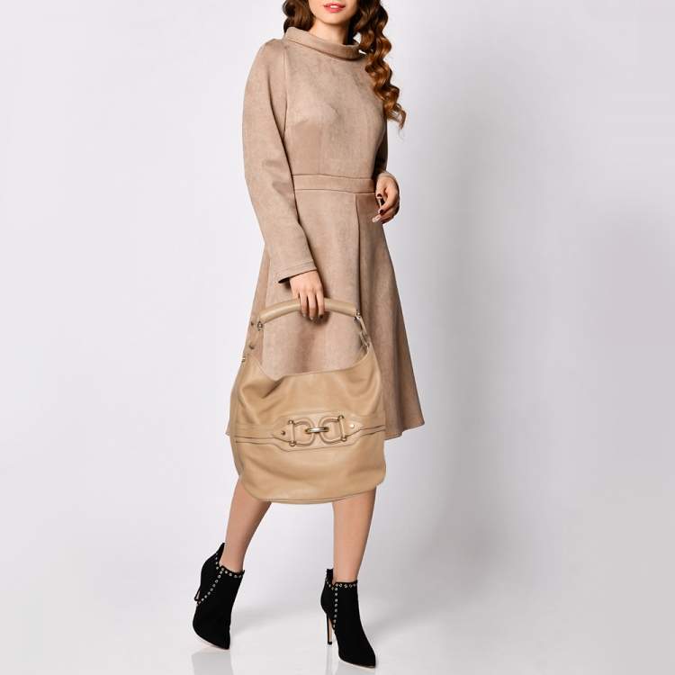 Pre Owned Burberry Beige Leather Horsebit Hobo
