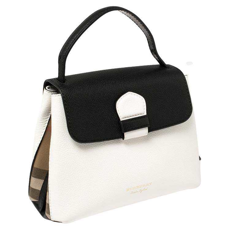 Pre Owned Burberry White/Black Leather and House Check Canvas Small Camberley Top Handle Bag
