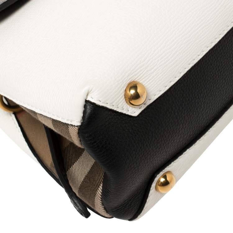 Pre Owned Burberry White/Black Leather and House Check Canvas Small Camberley Top Handle Bag