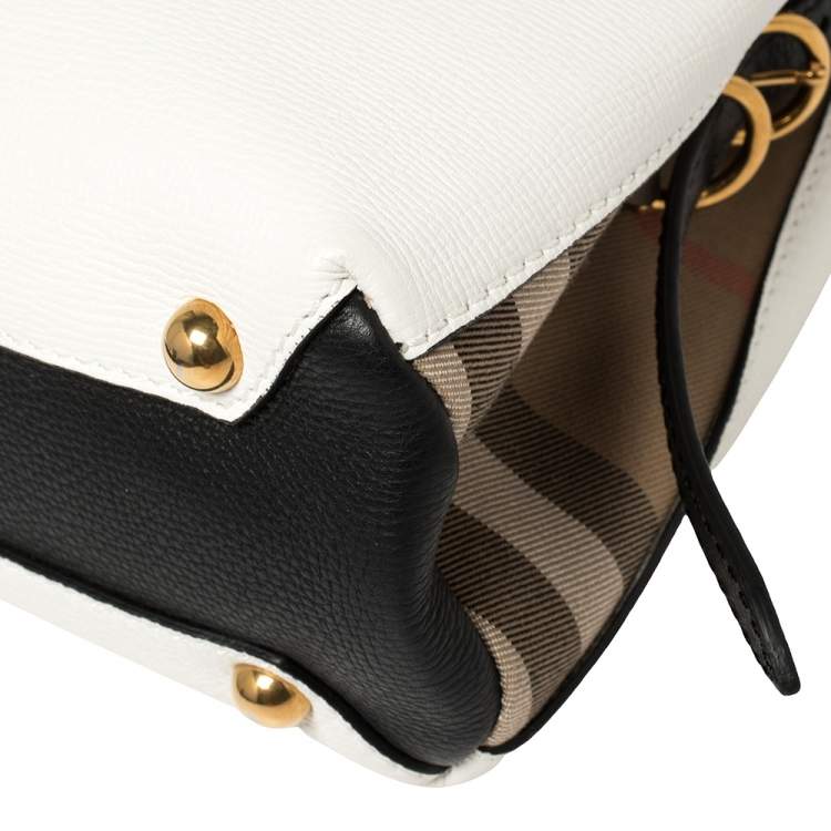 Pre Owned Burberry White/Black Leather and House Check Canvas Small Camberley Top Handle Bag