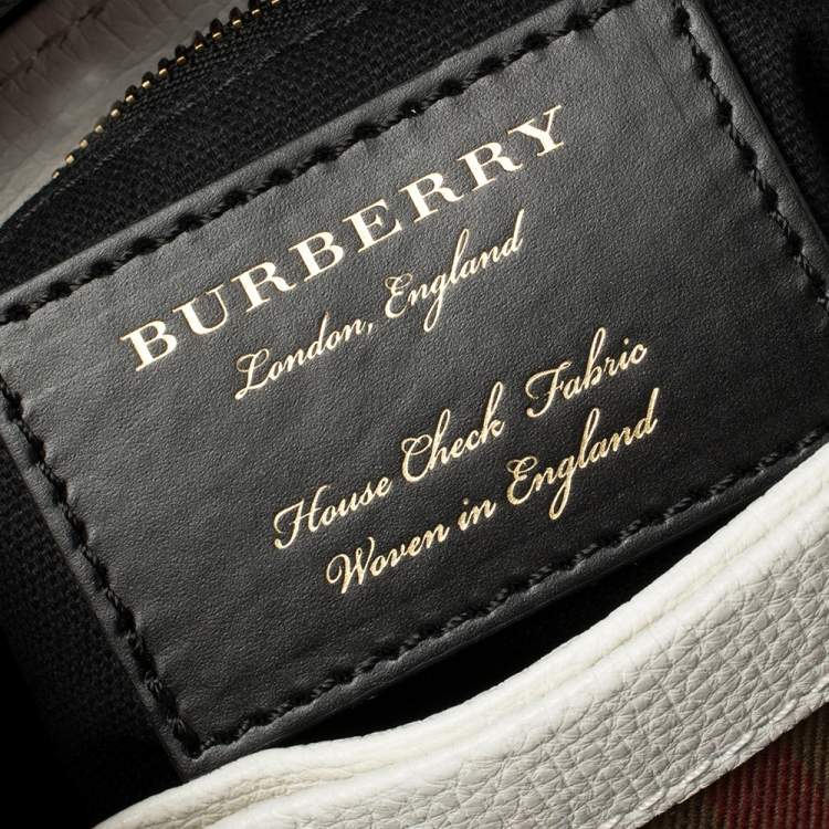 Pre Owned Burberry White/Black Leather and House Check Canvas Small Camberley Top Handle Bag