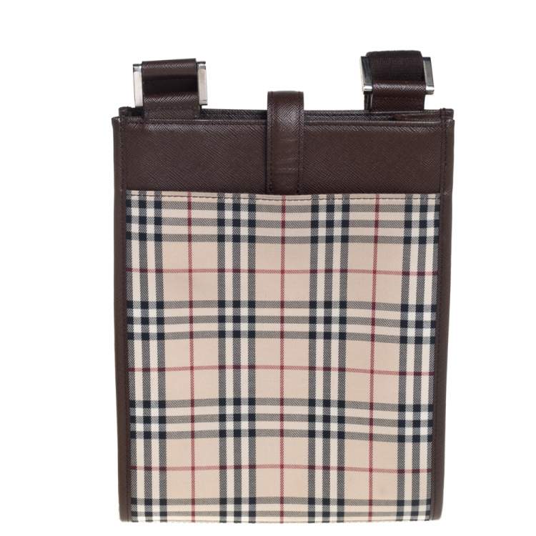 Pre Owned Burberry Brown/Beige House Check Fabric and Leather Messenger Bag