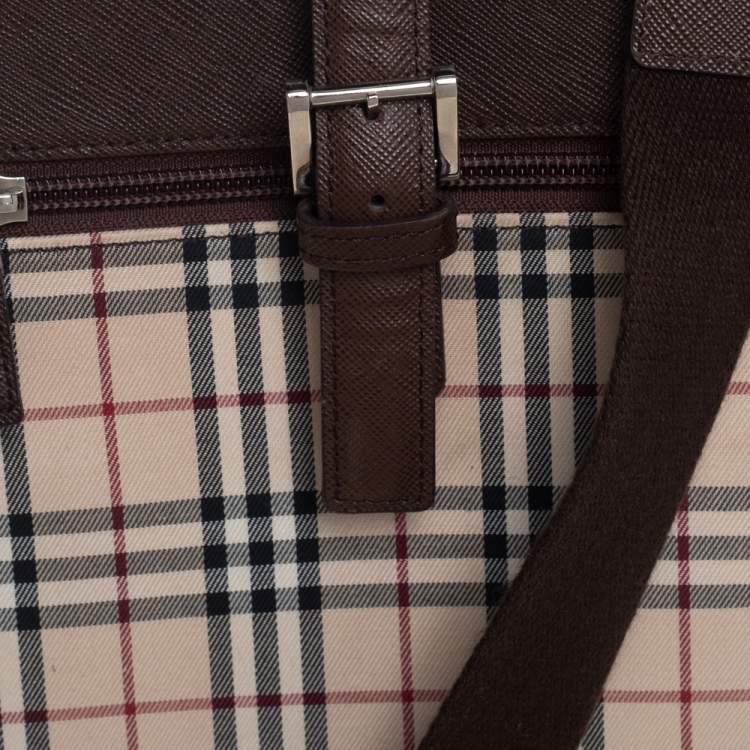 Pre Owned Burberry Brown/Beige House Check Fabric and Leather Messenger Bag